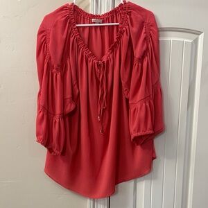 Gibson Latimer Coral Red Peasant Blouse with Tie Neck
